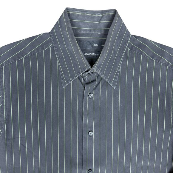 Men's ZARA Button-Down Dress‎ Shirt Charcoal w/ Lime Pinstripe- Size Medium - Picture 1 of 7